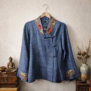 Maggie Walt Artisan Embroidered Jacket Size M Blue Cotton Mandarin Collar Top